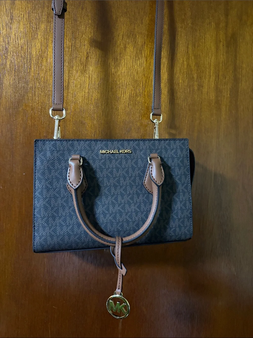 Michael Kors Black Signature Satchel with Brown Trim and Gold Hardware